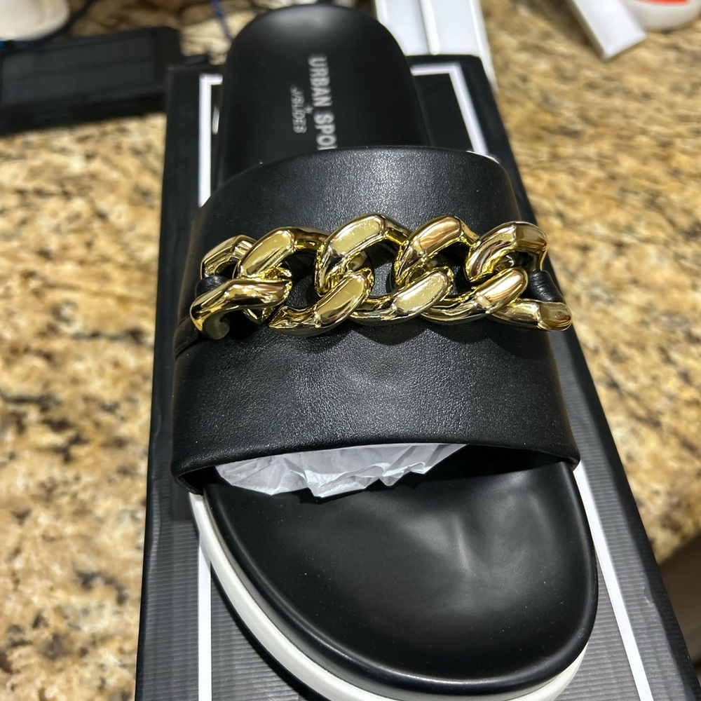 J Slides Black Sandals with Gold Chain